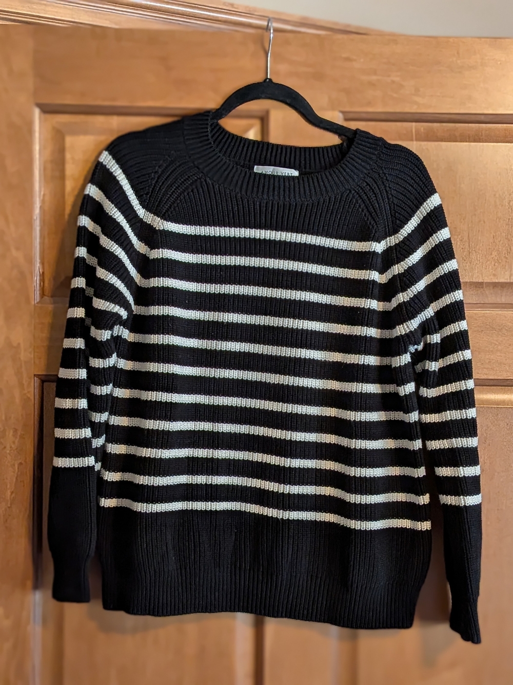 Amour Vert Black Striped Ribbed Knit 100% Organic Cotton Crewneck Sweater Large